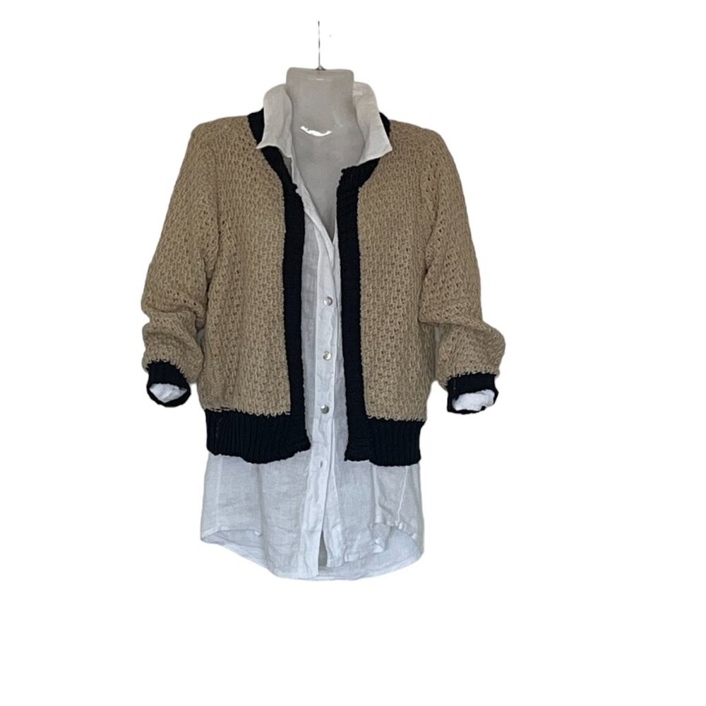 cardigan knit jacket elegant cropped color block trim cream & navy
